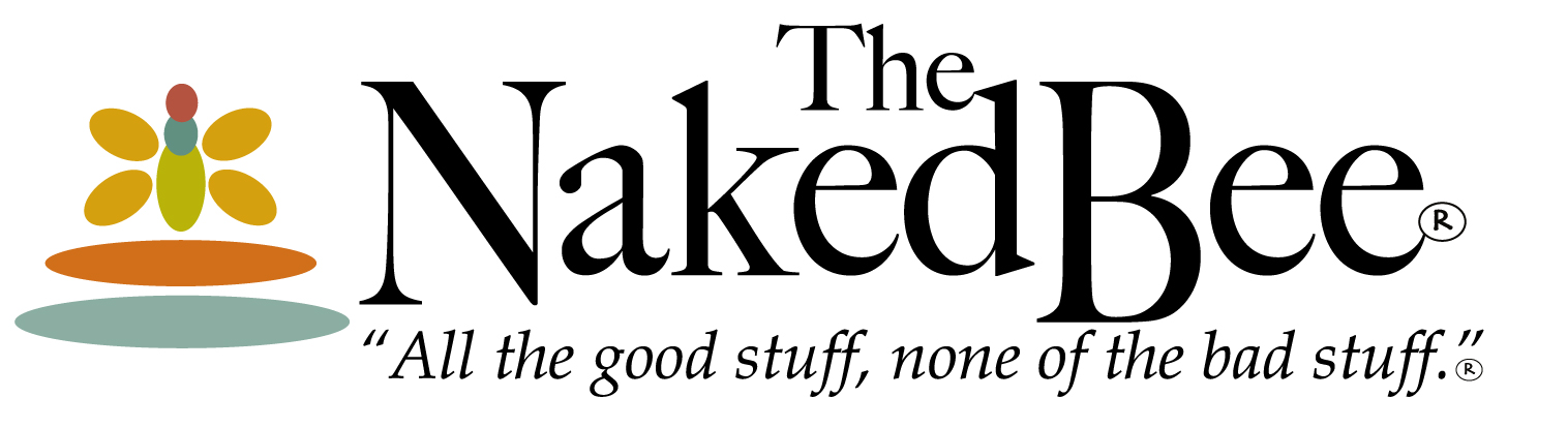 The naked bee logo with there slogan. All the good stuff, none of the bad stuff. With a small image of a a bug made out of colorful ovals.