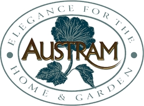 Austram logo. A green oval with Austram in a white font, surrounded by the slogan "elegance for the home and garden". 