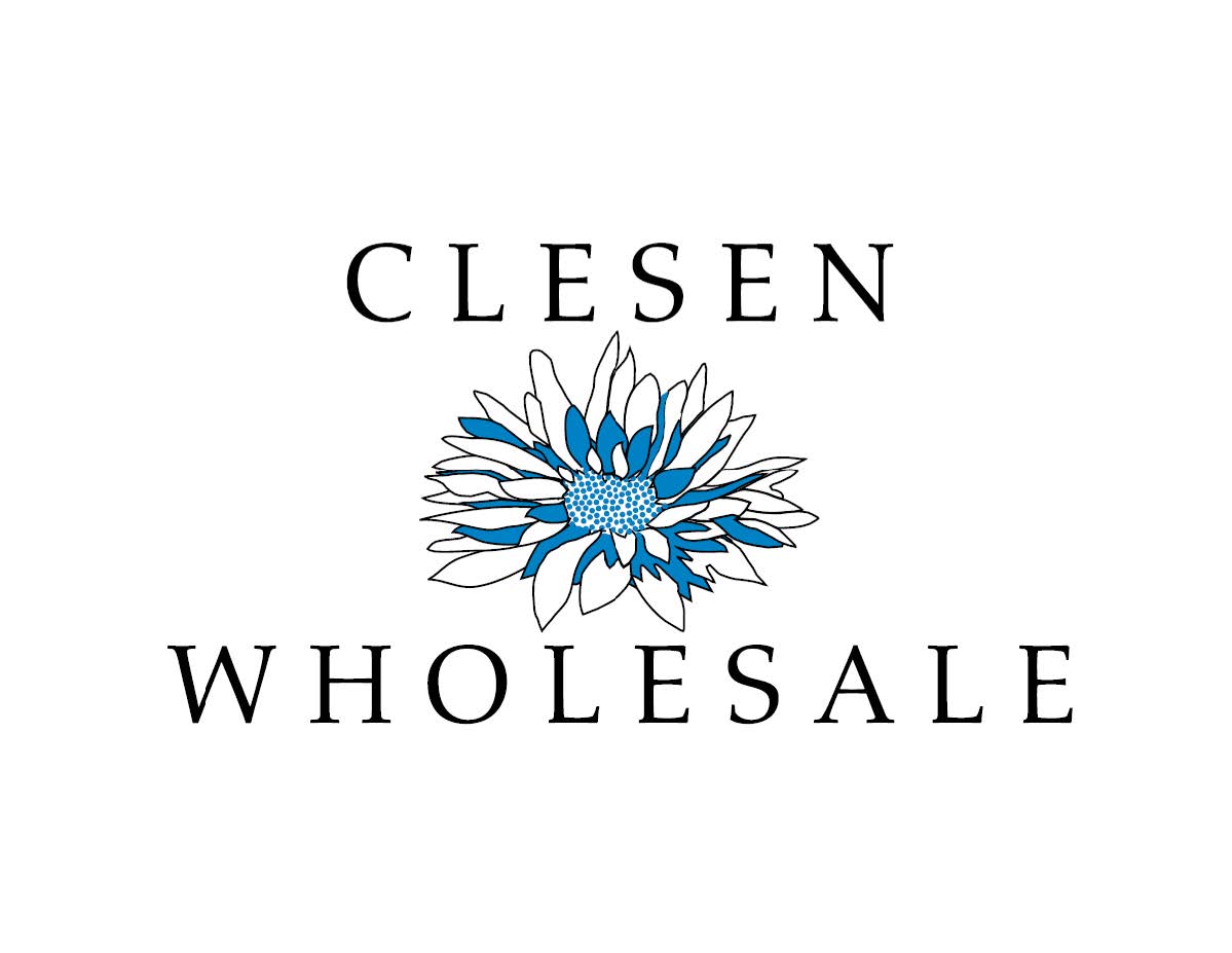 Logo for Clesen Wholesale with a image of a blue and white flower.