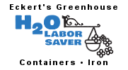 Company logo for Eckert's Greenhouse. The words H20 labor saver and containers iron are near a drawn picture of a hanging potted plant.