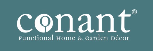 Conant logo with the slogan, Functional home & garden décor. White lettering on a greenish blue background.