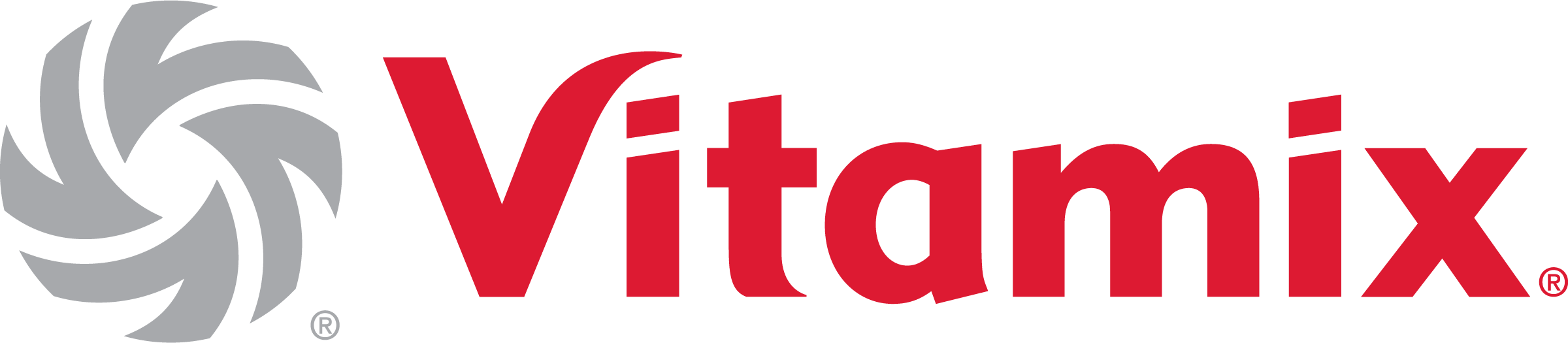 Vitamix Logo in red font with a grey circle pattern made of 4 V's on white background.