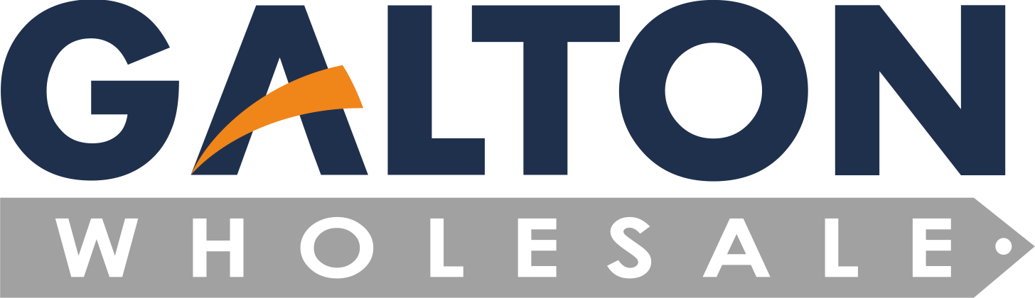 Galton Wholesale logo Blue and white text on a grey background.