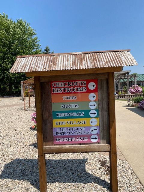 A directional sign outside Ebert's Greenhouse Village.