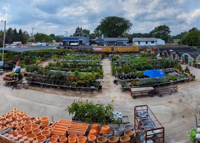 A aerial view of a variety of garden plants and pots outside the Bayside Garden Center.