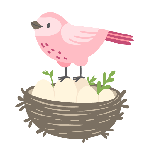 Drawing of a pink and white bird standing in a nest full of eggs.