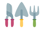 Drawing of three tools, pruning Shears, hand trowel, and hand cultivator.